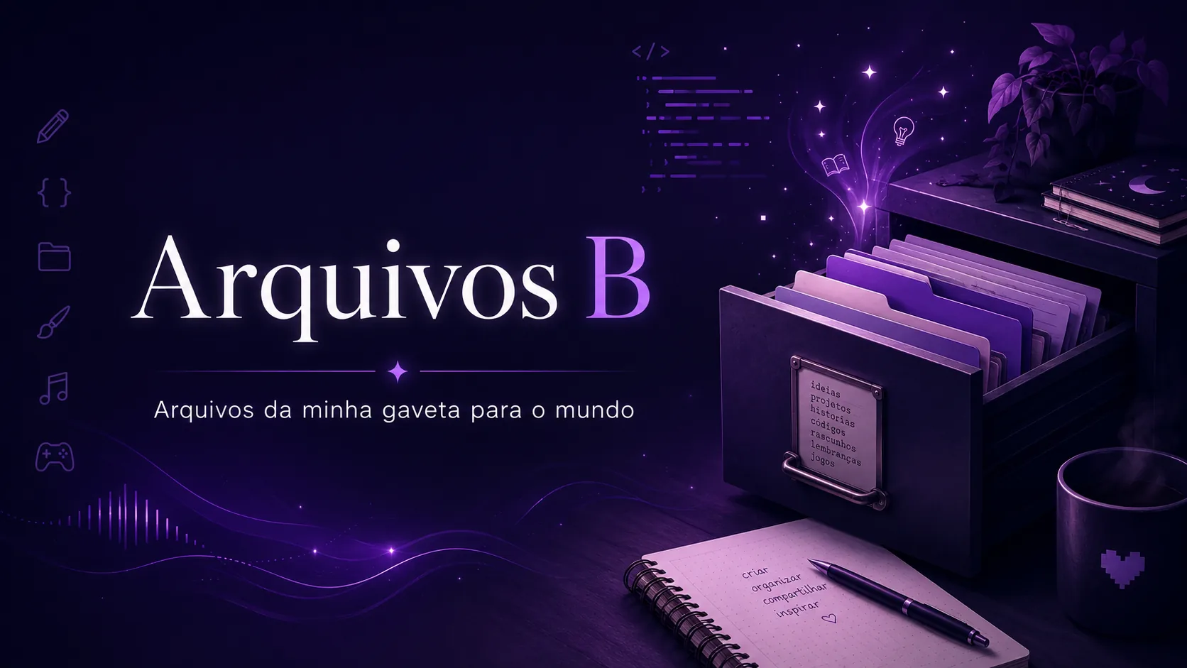 Banner do Arquivos B em tons de roxo, com gaveta de arquivos e elementos de escrita, criatividade e tecnologia.